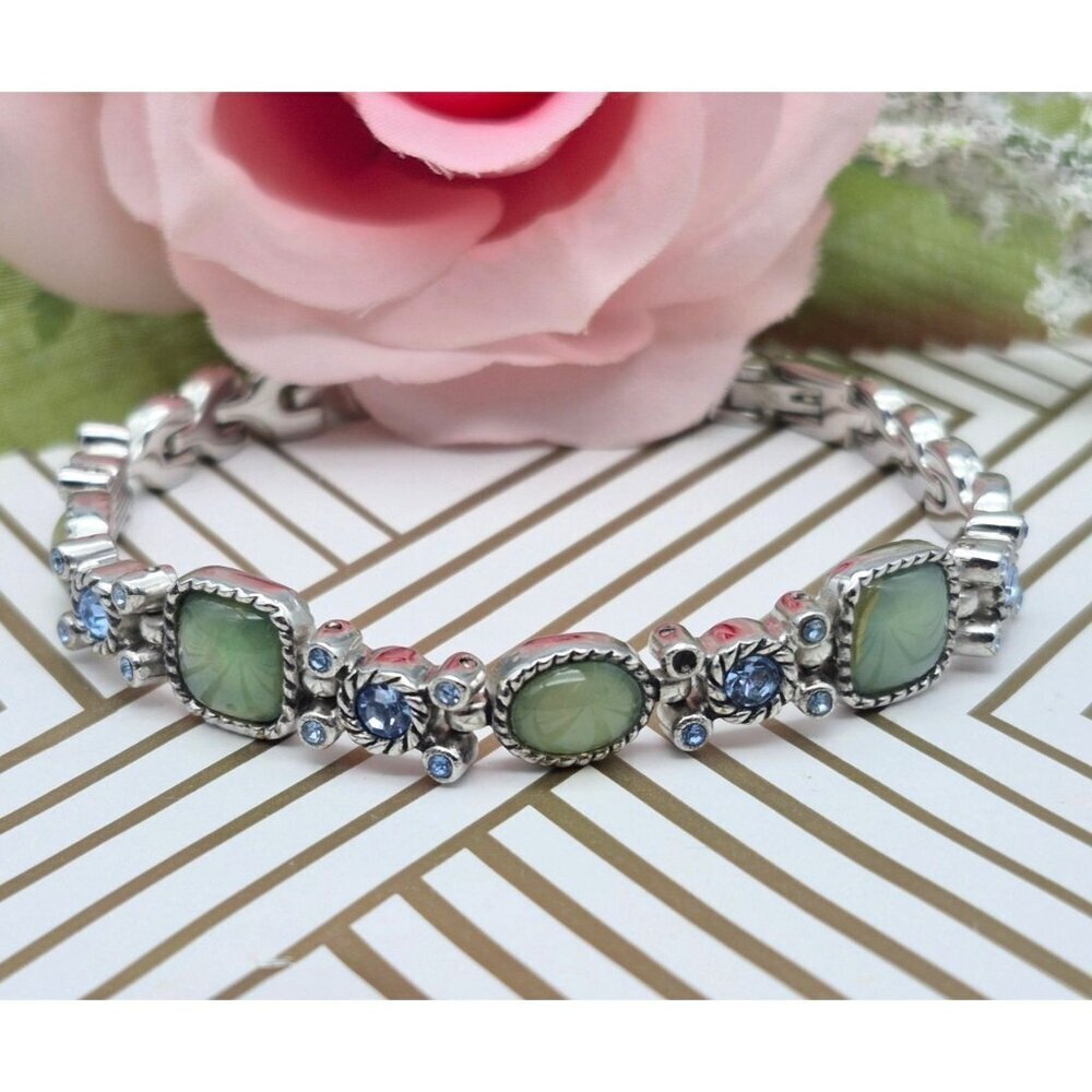 Silver Tone Ice Blue Crystal with Green Cabochon Tennis Link Bracelet 8" Adjusts